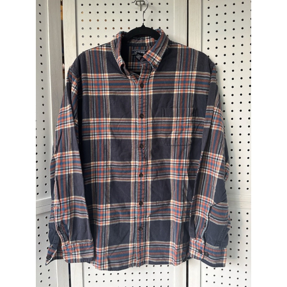 Lands' End Traditional Fit Lg 16-16.5 Flannel Shirt Plaid Men's Blue Orange